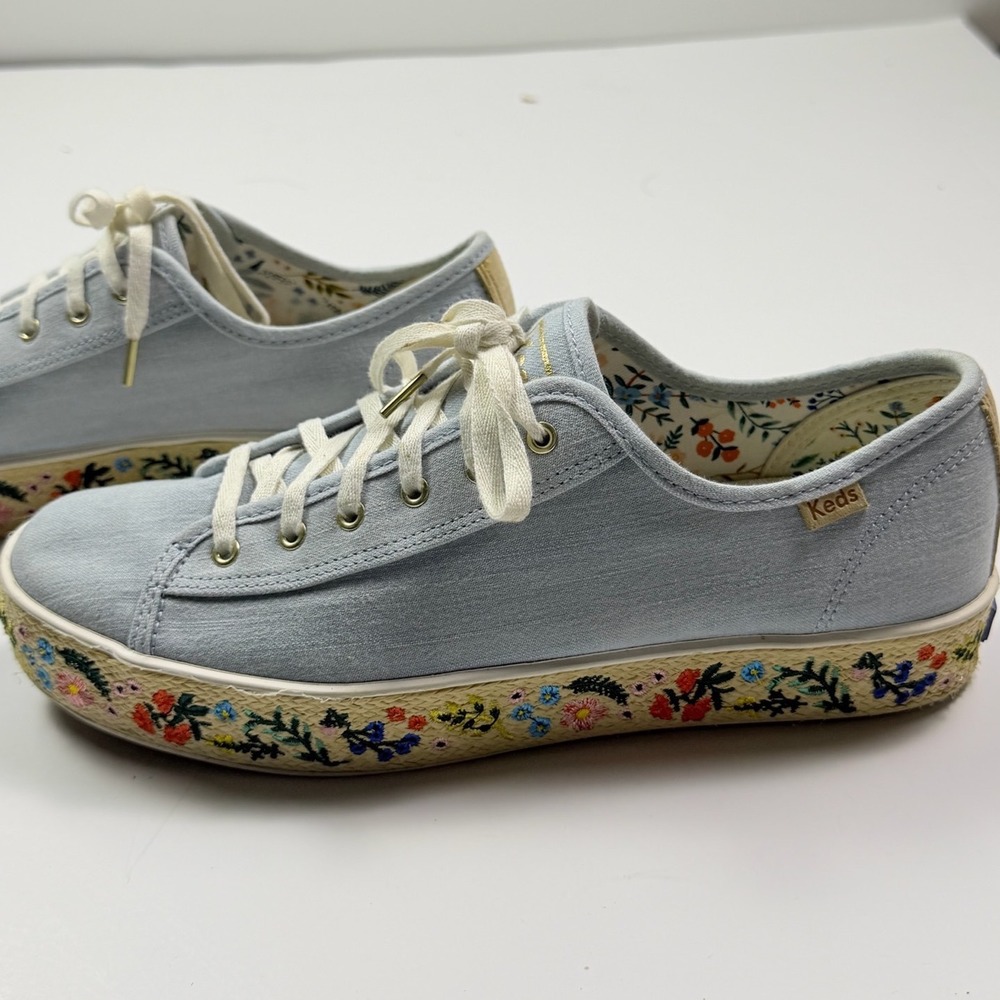 Keds x Rifle Paper Co Triple Kick Embroidered Floral Platform Sneakers Blue 9